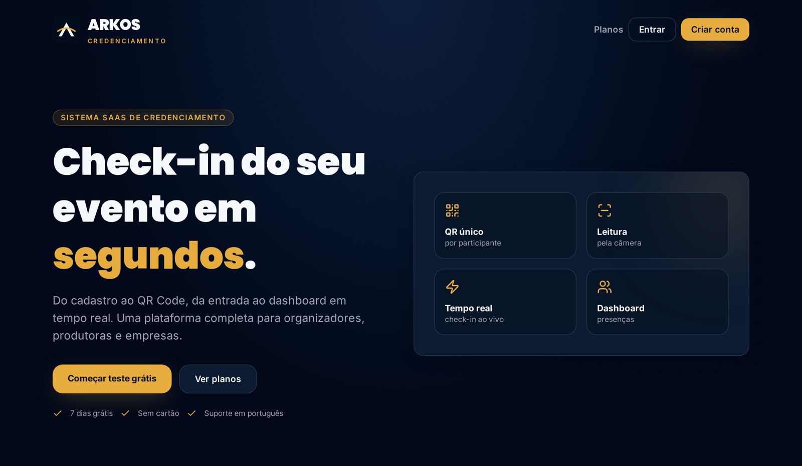 Página inicial do sistema Arkos Credenciamento, com check-in por QR Code e painel em tempo real