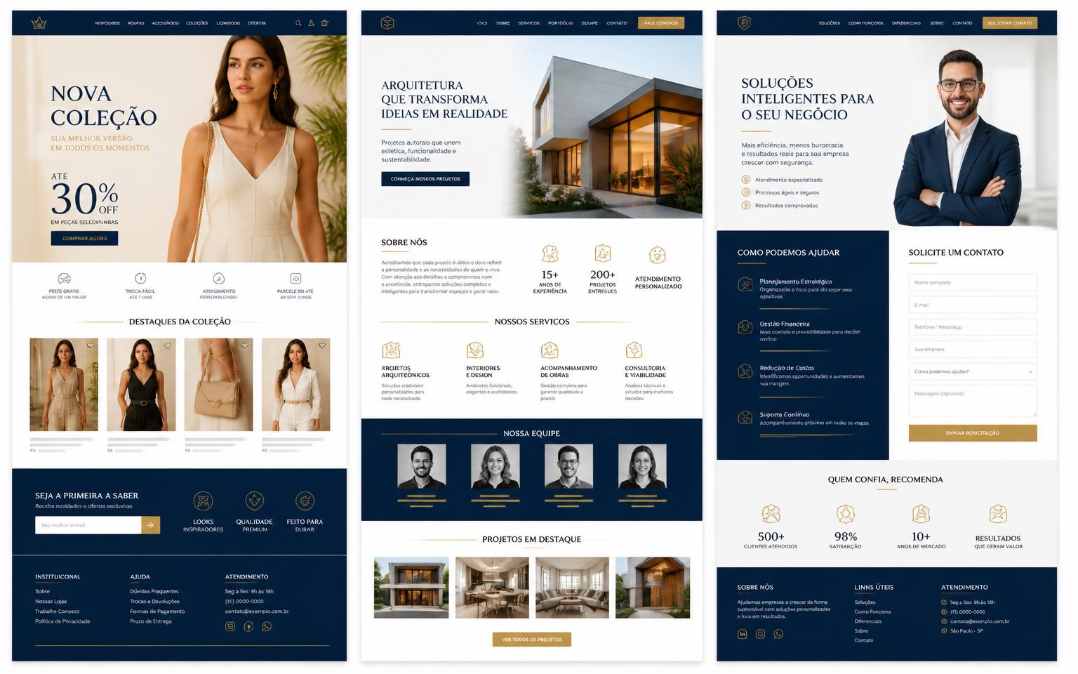 Três modelos de landing pages para vendas, apresentação de empresas e captação de contatos